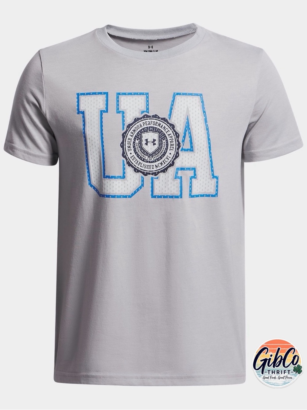 Under Armour - Size Youth XL - Loose Classic Fit - Light Gray with Blue Trim